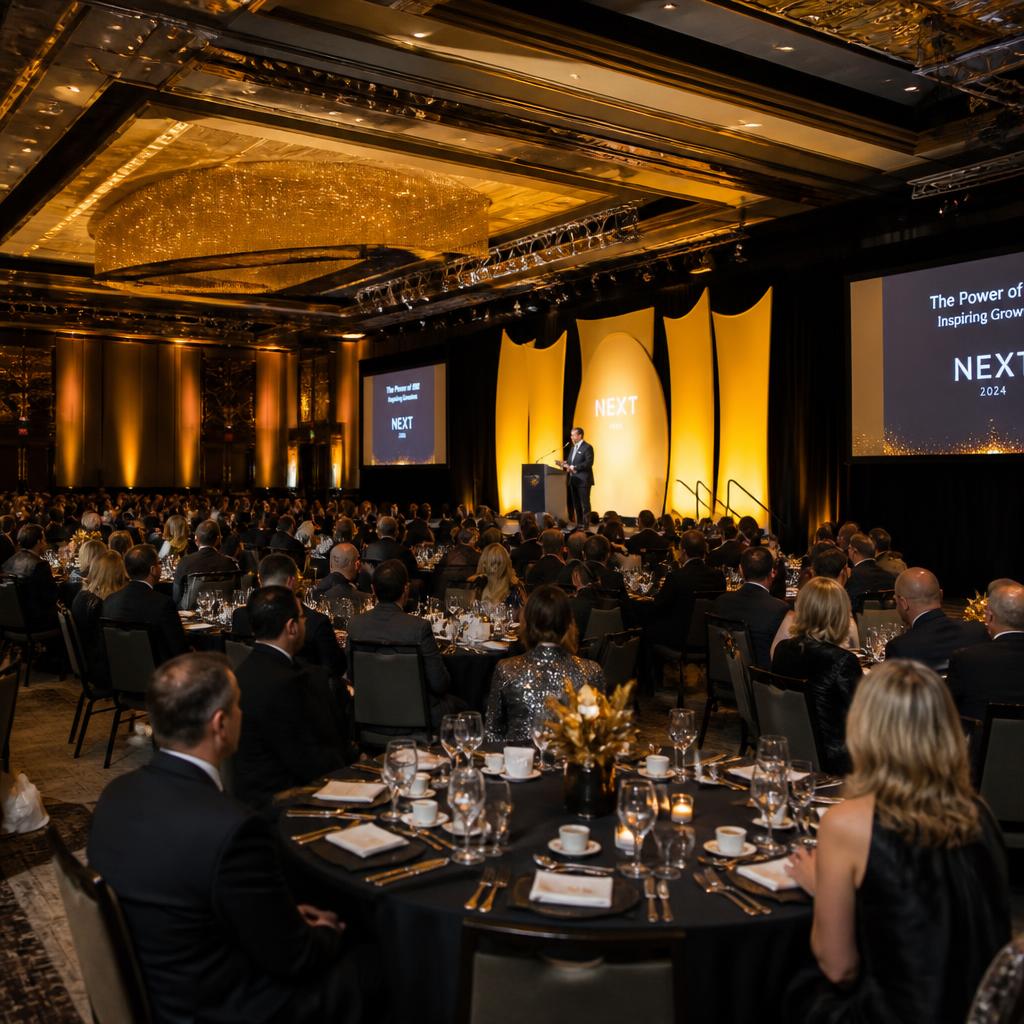 Gala dinner ballroom with a presenter on a lit stage in front of a seated audience