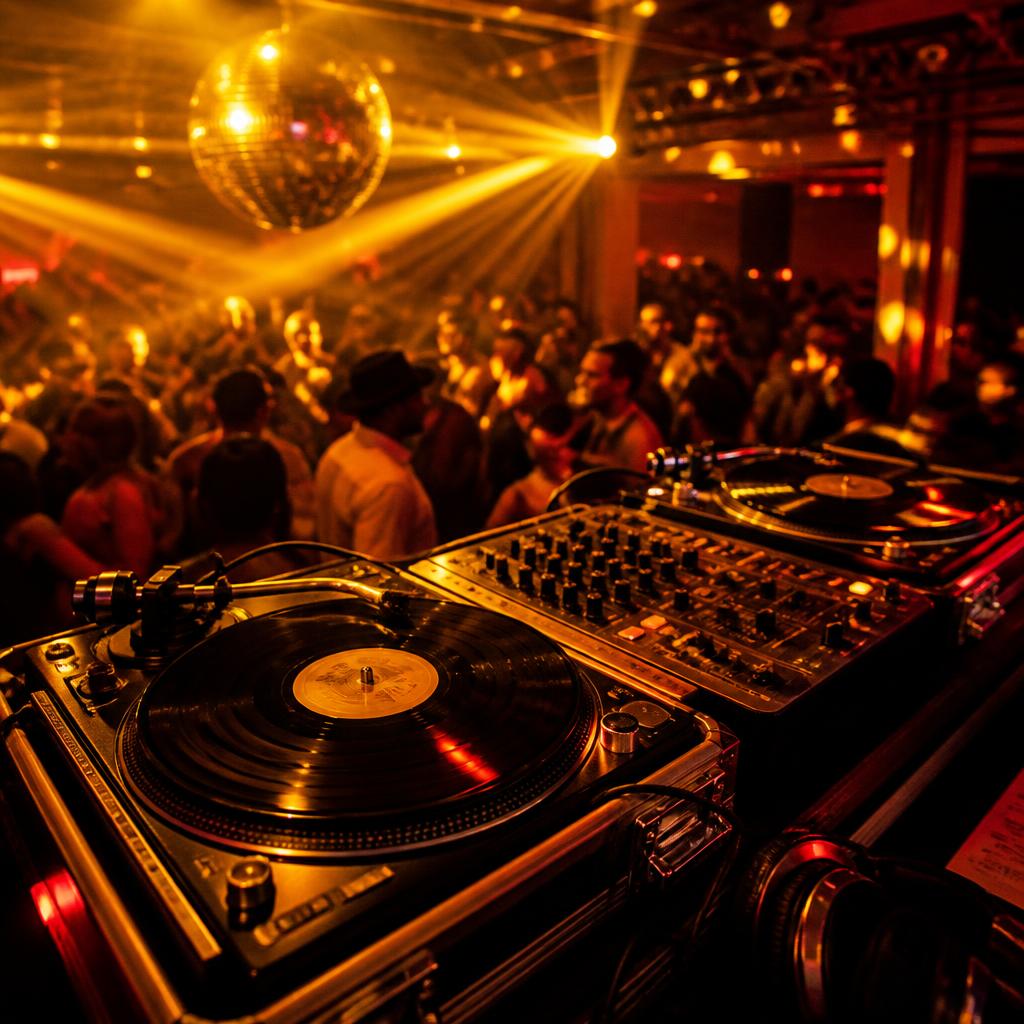 Retro DJ turntables glowing under amber lights with a packed dance floor behind